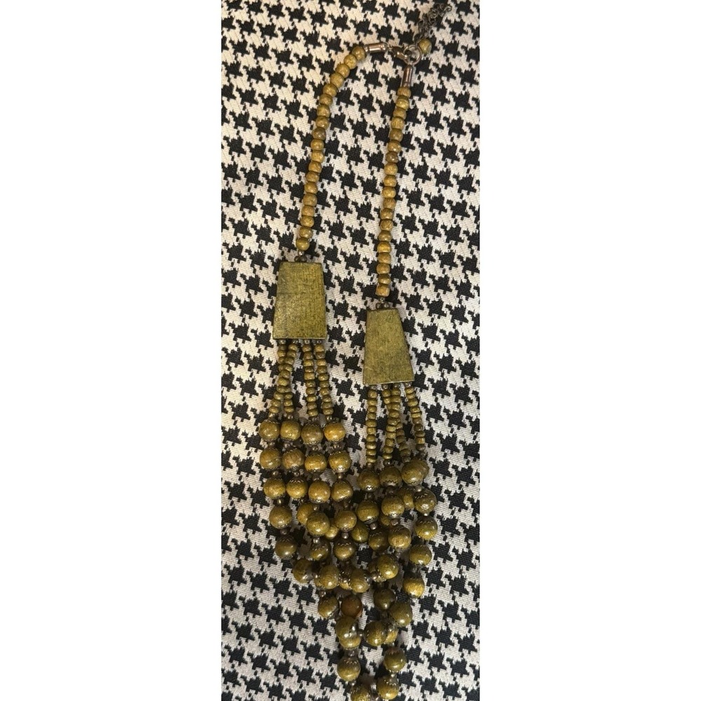Vintage Wood Bead Necklace Multi Strand Bib Mustard Brown Boho Fall 22"